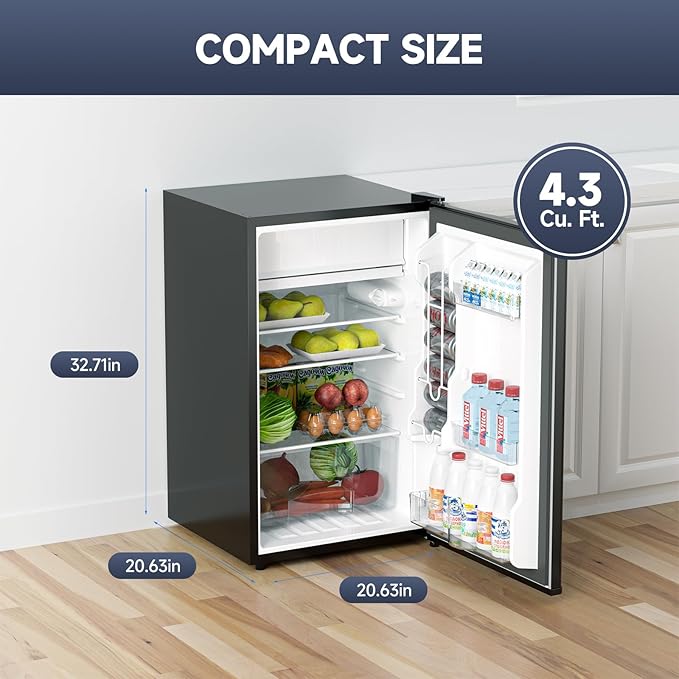 4.3 Cu.Ft Mini Fridge with Freezer, Single Door Refrigerator with Adjustable Thermostat, Mini Compact Fridge for Bedroom, Office, Dorm, RV