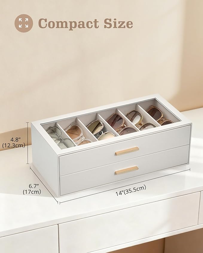 Lolalet Beige Sunglasses Storage Box for Women, Eyewear Eye Glass Organizer with Clear Top Lid Display Holder Case