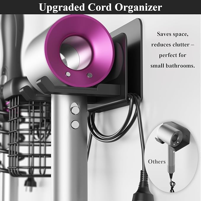 Tindbea Upgraded Aluminum Alloy Hair Dryer Holder Wall Mounted with Built-in Cord Wrap,3-in-1 Hair Tool Organizer for Blow Dryer, Curling Iron, and Straightener, Matte Black