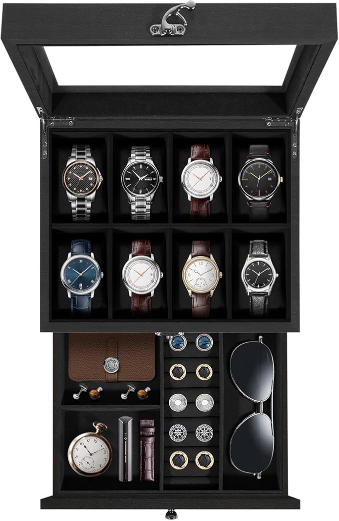 Uten 8-Slot Watch Box, 2-Layers Solid Wood Watch Display Case with Glass Lid, Watch Holder Organizer with Soft Pillow and Velvet Lining, Watch and Jewelry Storage Box, Black