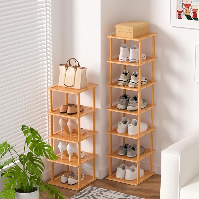 Bamboo Free Standing Shoe Rack Shelf Multi Tier Tall Wooden Stackable Shoes Rack Organizer for Closet Front Door Entrance Narrow Vertical Shoe Storage (Nature, 12 Tiers)
