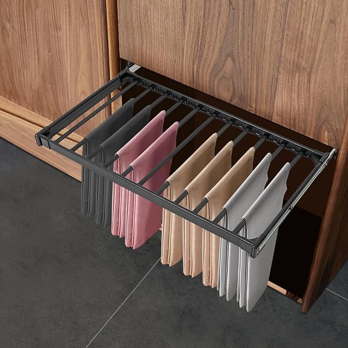 11 Arms Slide Out Pants Rack Closet Pants Hanger Bar Pull Out Trousers Rack Tie Belts Scarf Racks, Top Mounted Wardrobe Clothes Organizers Rail Pull Out Closet Storage Rod-Black