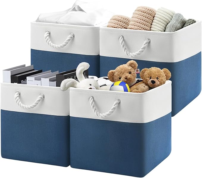 13x13x13 Storage Cube Bins,Set of 4, Large Foldable Fabric Storage Cubes with Handles for Organizing Home, Closet, Shelf, Office(White&Blue)