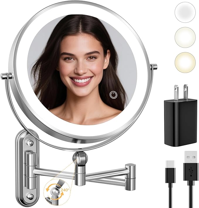 9" Wall Mounted LED Lighted Makeup Vanity Mirror - 4000mAh Rechargeable Double Sided 1X/30X Magnifying Mirror, 3 Color Lights Touch Dimmable, Height Adjustable Extended Arm 360° Swivel Bathroom Mirror
