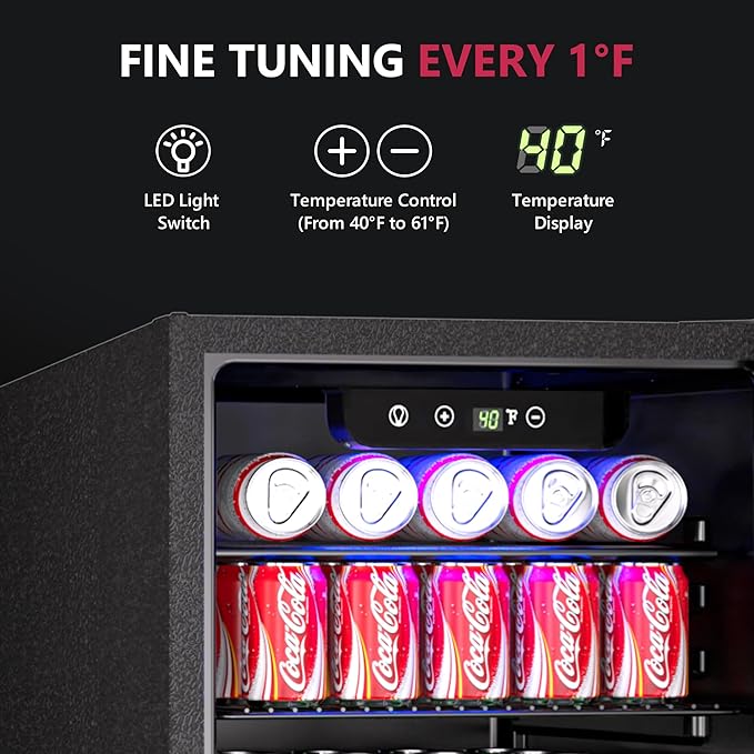 100 Can Beverage Refrigerator Cooler, 2.7 cu.ft Mini Fridge Glass Door for Beer Drinks Wines, Freestanding Beverage Fridge with Adjustable Shelves Blue LED for Home/Office/Dorm/Bar, Black