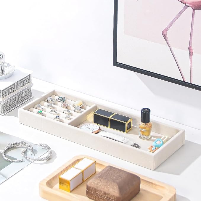 2Pcs Desk Drawer Storage Tray, Nightstand Organizer, Necklace Bracelet Ring Earring Jewelry Display, Grid Table Organizer Holder for Sunglass, Phone, Watch, Perfume (2 grid)/Beige