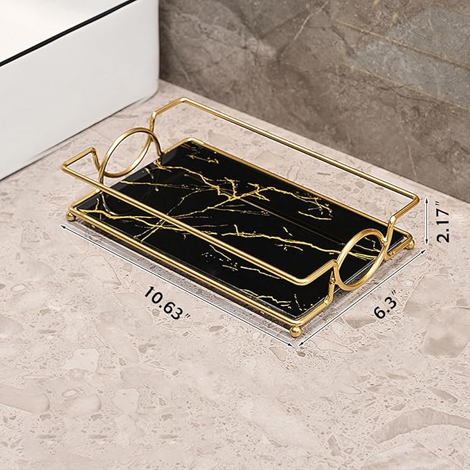 Vanity Bathroom Counter Tray Gold Glass Perfume Organizer Holder Cosmetics Makeup Skincare Display Decorative Vanity Trays Storage Rack for Bathroom Dresser Bedroom (1 Tier Black Gold-Small)