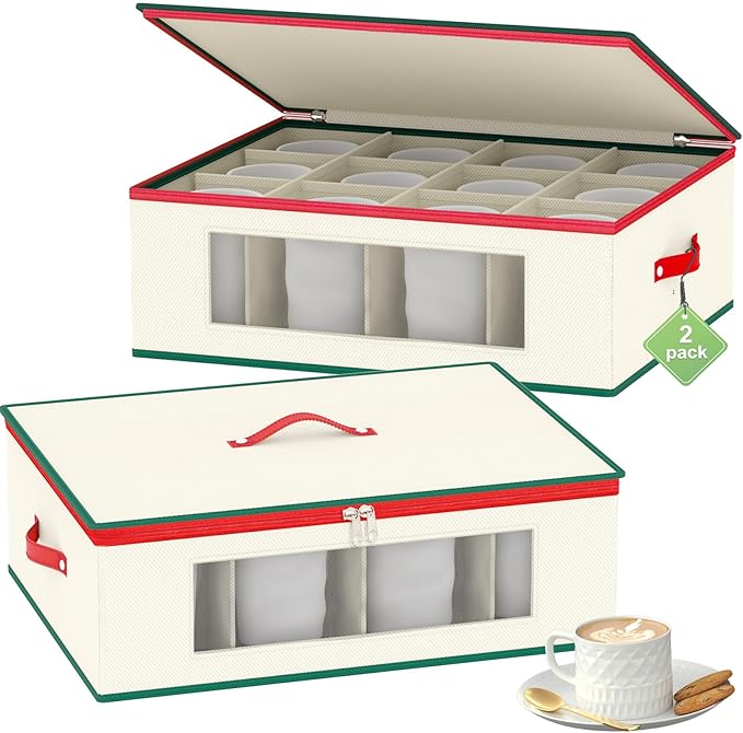 homyfort Mug Storage Box Organizer, China Cup Storage Containers with Dividers, 2 Pack Hard Shell for 24 Tea Cups and Coffee Mugs