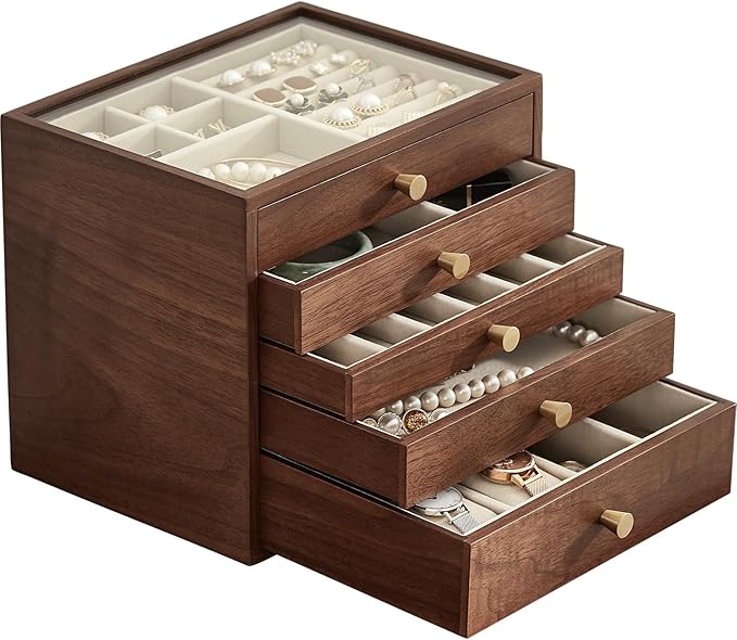 Black Walnut Wooden Jewelry Box Women large 5 Layer Drawer Wood Organizer Box with Glass Lid for Necklaces, Watch, Necklace, Ring, Earring Storage - Valentine's Day Gifts