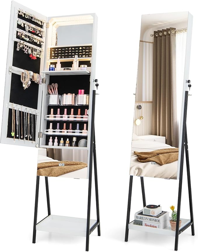 CHARMAID Jewelry Cabinet Armoire with Full Length Mirror, 3-Color Light Strips, Mirrored Tilt out Drawer, Lockable Standing Jewelry Organizer with Storage Shelves, Metal Stand (White)