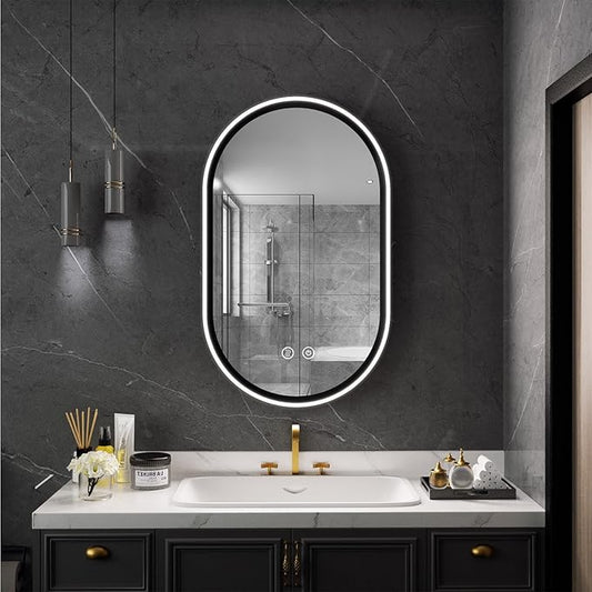 Led Bathroom Mirror with Lights, 20'' x 33'' Oval Heavy Duty Aluminum Frame Bathroom Vanity Mirror with Lights, 3 Colors, Brightness Stepless Dimmable, Anti-Fog, Memory Function, Single LED Black