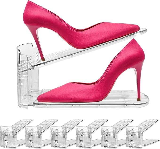 6 Pack Clear Shoe Slots Organizer - Adjustable Height 3.7''to 7.7'' Shoe stackers for a Pair of Shoes,Shoe Rack Storage Shoe Space Saver 50%,Easy to Assemble Shoe Hold Shoe Organizer for cloest