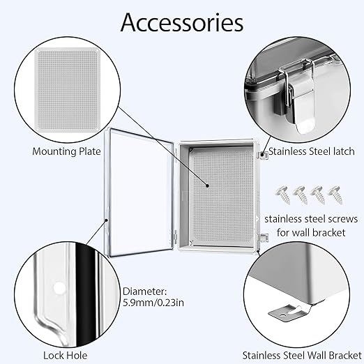 LeMotech Electrical Box, IP67 Waterproof Hinged Clear Cover Stainless Steel Latch Junction Box, ABS Plastic Electrical Enclosure with Mounting Plate,Wall Brackets, Cable Glands,19.6"x15.7"x7.8",Grey