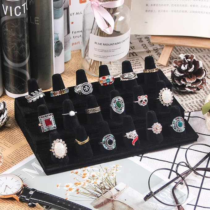 Coward 18 Holders Ring Display Stand, Black Velvet Jewelry Storage Drawer Organizer for Rings