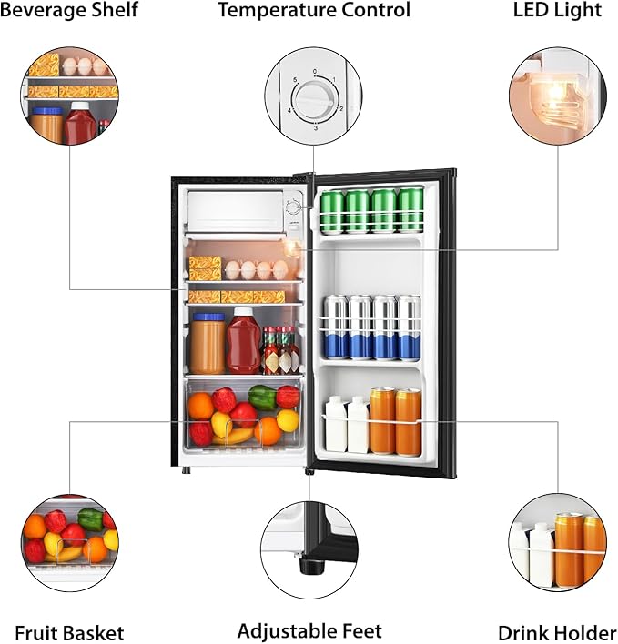 3.1 Cu.Ft Mini Fridge with Freezer, Single Door Mini Refrigerator, 5 Settings Temperature Adjustable, Compact Refrigerator for Apartment,Dorm, Office, Bedroom