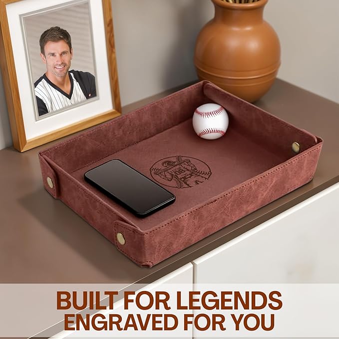 Personalized Baseball Valet Tray – Engraved PU Leather Catchall in Light Coffee – Custom Name Nightstand Organizer for Keys, Wallet, Jewelry, and Essentials – Unique Gift for Baseball Fans