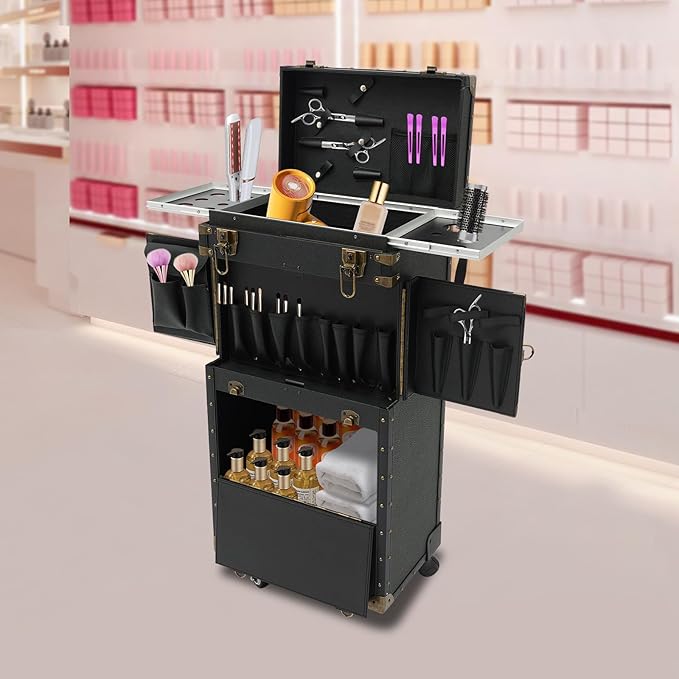 Professional Barber Case,Makeup Train Cart,Hair Cutting Tools Storage Organizer,Cosmetic Trolley Large Storage Organizer,Barber Supplies Case with Wheels and 2 Keys,Black (Black-Type3)
