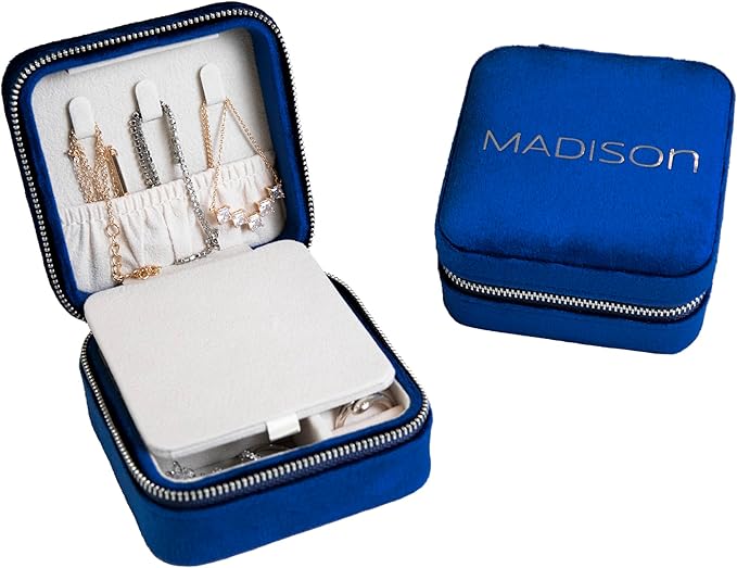Customizable Compact Velvet Jewelry Box with Mirror, Travel Jewelry Case, Travel Jewelry Organizer, Jewelry Box for Women and Girls, Small Jewelry Organizer (Center Text, Winter Blue)