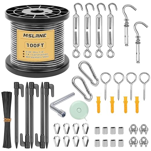 1/8" Black Wire Rope Kit 100FT 304 Stainless Steel Vinyl Coated with M5 Turnbuckles, 7x7 Strand Core Aircraft Cable for String Light, Picture Hanging, Clothesline, Curtain, and Plant Trellis