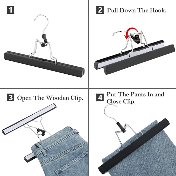 AMKUFO 12 Pack Black Wooden Pants Hangers with Clips Non Slip Skirt Hangers Trouser Clamp Hanger Solid Wood Hanger with 360° Swivel Hook