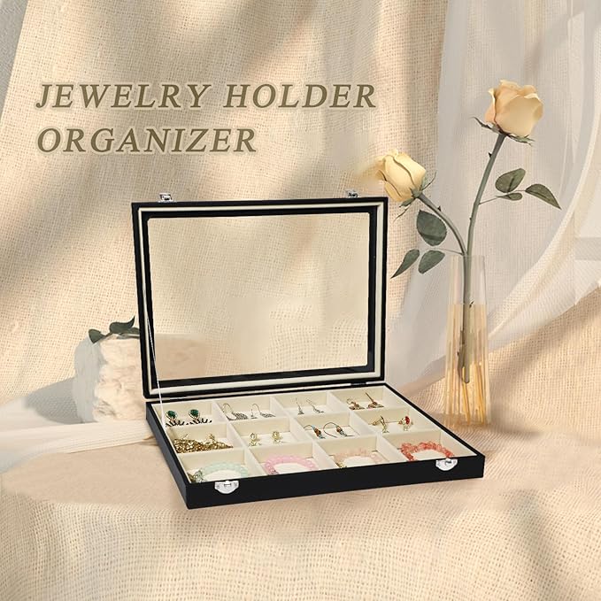 Stratalife Jewelry Organizer Bracelet Holder Organizer Box Earring Storage Drawer Jewelry Display Anti Tarnish Ring Holder For Women Girls 12 Grid (Beige Black)