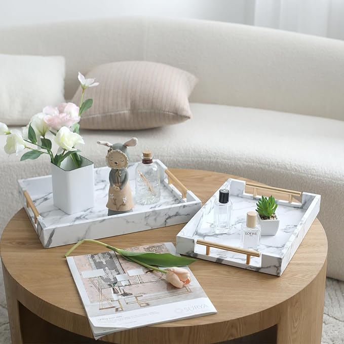 SwallowLiving Set of 2 White Fake Marble Serving Tray with Gold Polished Metal Handles White Decorative Wood Tray PU Leather with Brushed Gold for Coffee Table Ottoman Console Table Decor