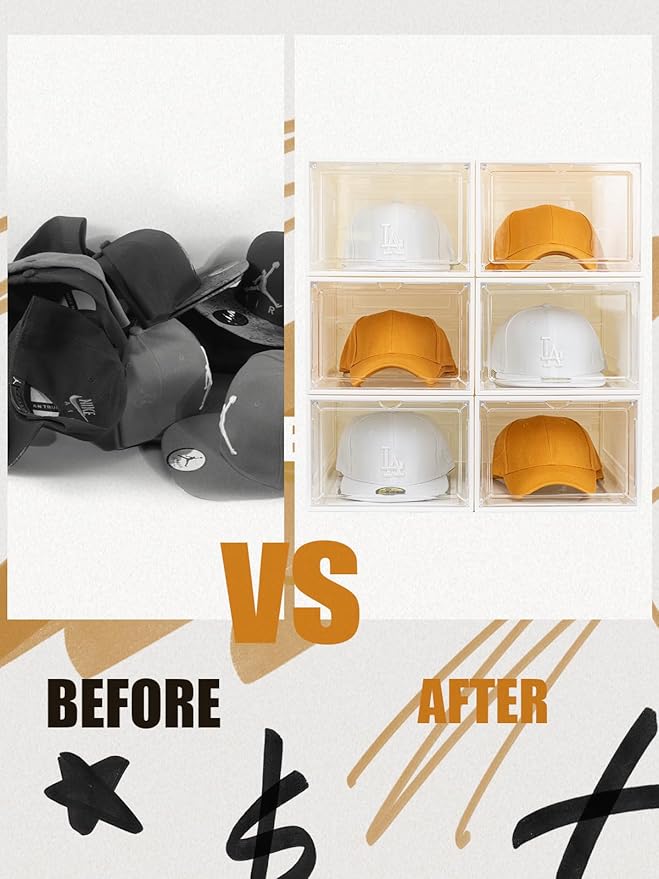 6 Pack Hat Organizer Box, Stackable Clear Baseball Caps Holder Box Containers with Magnetic Door for Hats Snapback Cap Storag, Hat Rack Display Case, Holds 8 Hats Each (White)