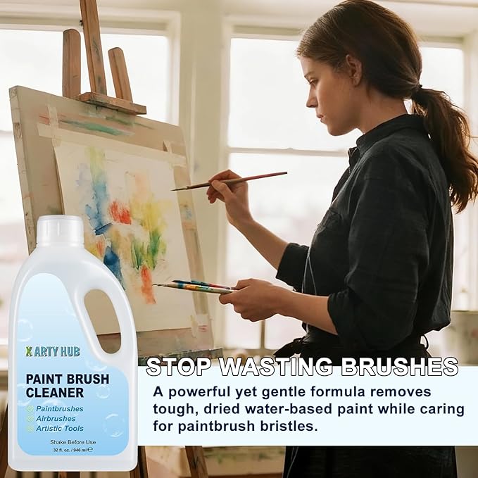 Brush Cleaner and Restorer, 32 fl oz Paint Brush Cleaner Easily Handles Acrylic and Water-Based Paint, Powerful Cleaning Solution for Paintbrushes, Airbrushes, and Art Tools