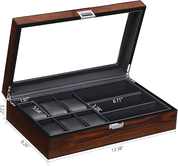 BEWISHOME 6-Slot Watch Box, 3 Mens Jewelry Box, Watch Box Organizer for Men Watch Case with Glass Lid Watch Travel Case Removable Watch Pillows, Watch Display Case, Watch Storage Brown SSH15Y