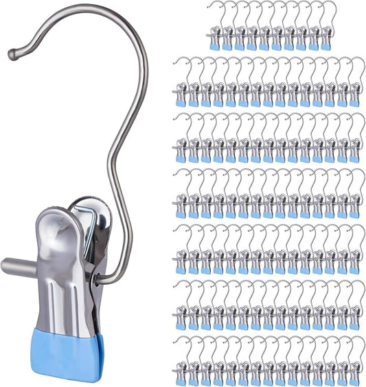 100PCS Space-Saving Clothespin Hat Pants Storage Hanging Travel Hook,Portable 360° Rotating Stainless Steel Hanging Hook Clips Towel Clips,Laundry Hooks Hanging Clips with Clips for Home and Travel