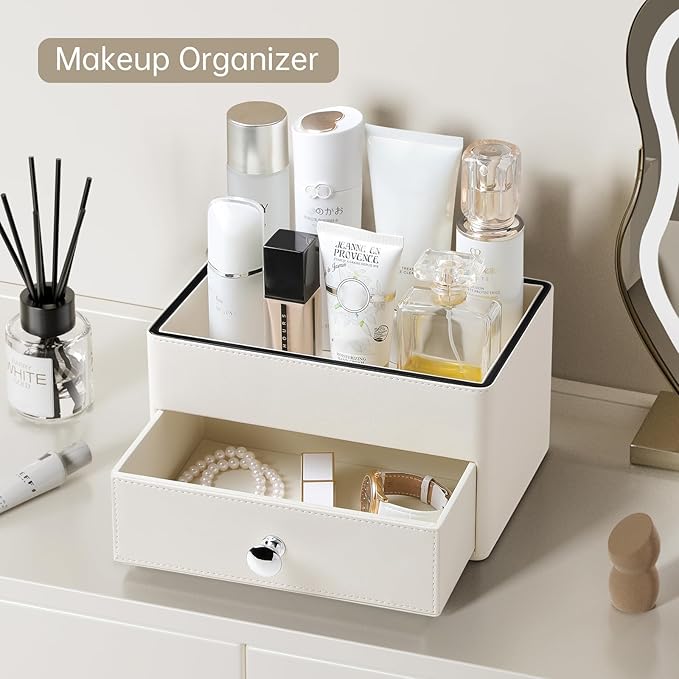 PU Leather Makeup Organizer with Drawer, Waterproof Cosmetic Storage Box, Multifunctional Nightstand Vanity Organizer for Skincare, Perfume, Jewelry, Bathroom Countertop (Beige)