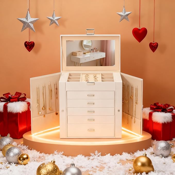 BOOVO Jewelry Box For women, 6 Layer Large Jewelry Organizer With Mirror, Multi-Function Storage Box With Lock, Necklace Holder With 5 Drawers, For Earrings Necklace Bracelet (Silver and White)