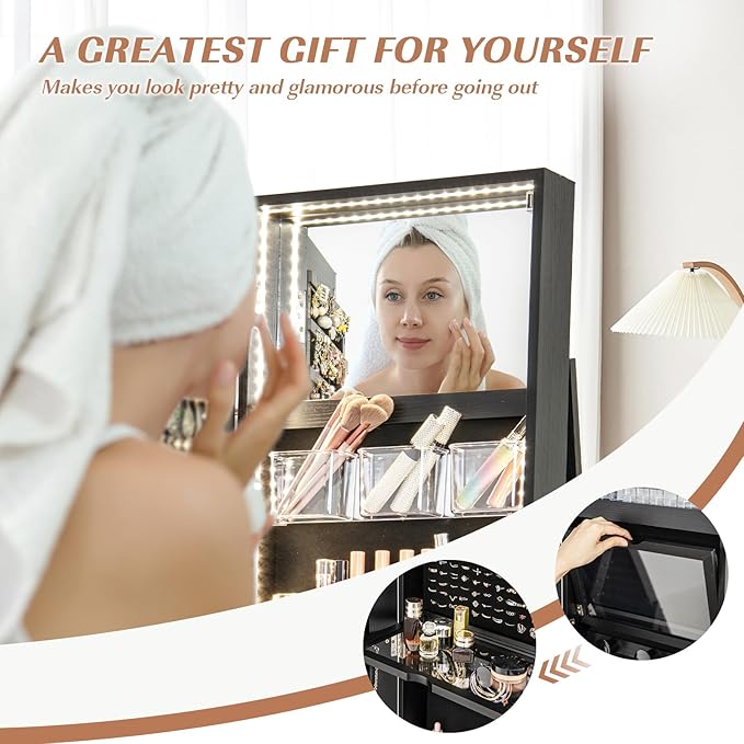 GOFLAME 360° Rotating Jewelry Cabinet with Full-Length Mirror, Standing Jewelry Armoire with 3-Color LED Light and Back Storage Shelf, Lockable Jewelry Organizer for Bedroom Cloakroom, Black