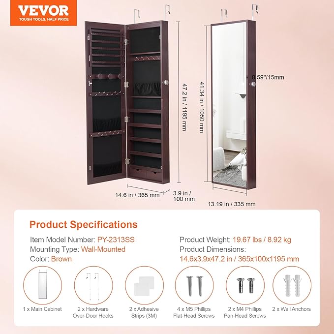 VEVOR Mirror Jewelry Cabinet, 47.2-Inch Tall Lockable Jewelry Armoire with Full-Length Mirror, Wall/Door Mounted Organizer with LED Lights and Velvet Lining, Brown