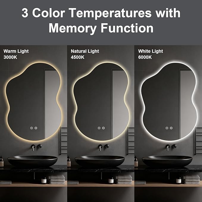 Asymmetrical Lighted Mirror for Bathroom,Modern LED Vanity Mirror with Backlit,Fog-Free,Tri-Color Dimmable Lighting with Memory Function,Hardwire Ready [Horizontal/Vertical] 35" H x 25" W
