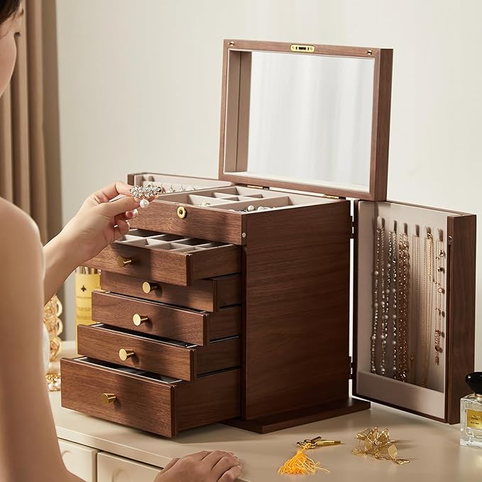 CHOSIN Black Walnut Wooden Jewelry Box, 6-Layer Lockable Wood Jewelry Organizer with Mirror, Side Doors & Brass Handle, Classical Design for Rings, Necklaces, Earrings, Watches, Valentine's Day Gift