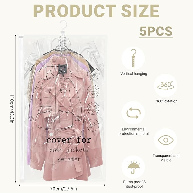 Hanging Vacuum Storage Bags 5 Pack Reusable Space Saver Bags for Clothes 43.3 x27.6 inch Vacuum Seal Storage Bag Dresses Space Bags for Suits, Coats or Jackets, Closet Organizer and Storage