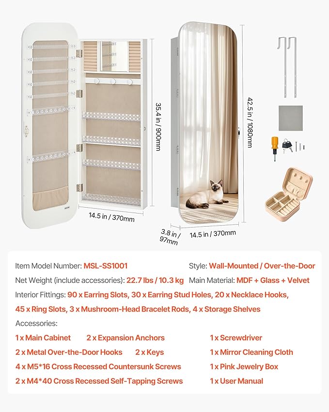 VEVOR Mirror Jewelry Cabinet, 42.5-inch Tall, Full-Length Mirror with Storage, Wall Mount/Over the Door Jewelry Armoire Organizer, Rounded Design, Lockable with 2 Keys and a Travel Organizer, White