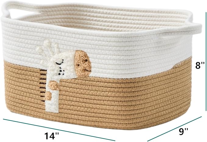 Storage Bins Woven Baskets for Storage Set of 3, Cotton Rope Basket with Handles for Toys/Shelves/Laundry, Rectangle Multi-Purpose Organizer for Living Room, Bedroom, Nursery (Giraffe)