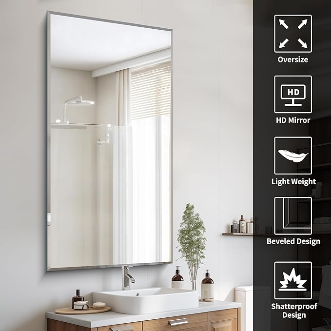 CILIBER Beveled Bathroom Mirror, 30x60 Large Frameless Mirrors for Over Sink, Upgraded Shatterproof Beveled Frameless Vanity Mirror for Bathroom,Bedroom,Living Room and Entryway