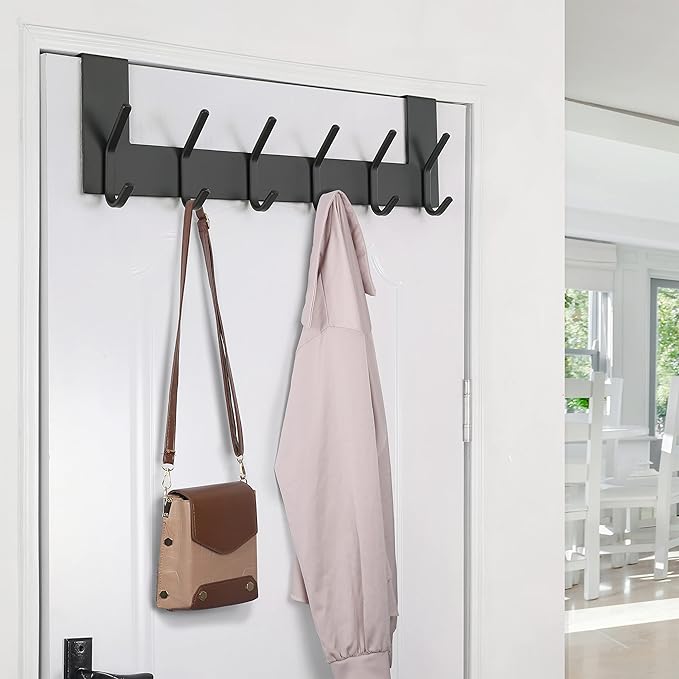 SKOLOO Over The Door Hook - for Doors up to 1-3/4'' Thickness, Black, No Assembly Required, Stainless Steel, Door Coat Rack for Entryway & Bathroom Hanging Coats, Backpack, Robes, Towels