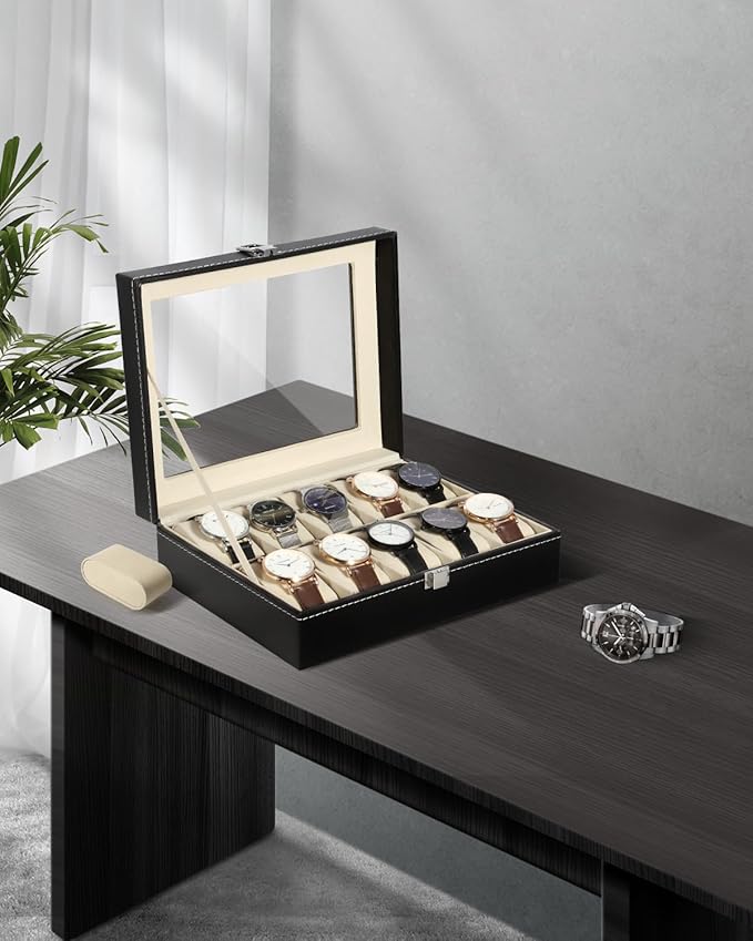 Uten Watch Box, 10 Slots Watch Case, Watch Box Organizer Jewelry Storage with Large Glass Lid, Watch Display Case, Watch Box for Men & Women