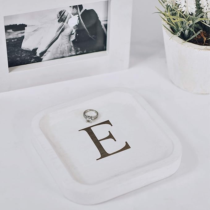 I'm Wooden Personalized Letter Catchall Valet Tray Trinket Dish Jewelry Tray Key Bowl Decorative Plate Organizing Ring Earrings Necklaces Bracelet Watch Coins Wallet Holder (6"x6" Sq White E)