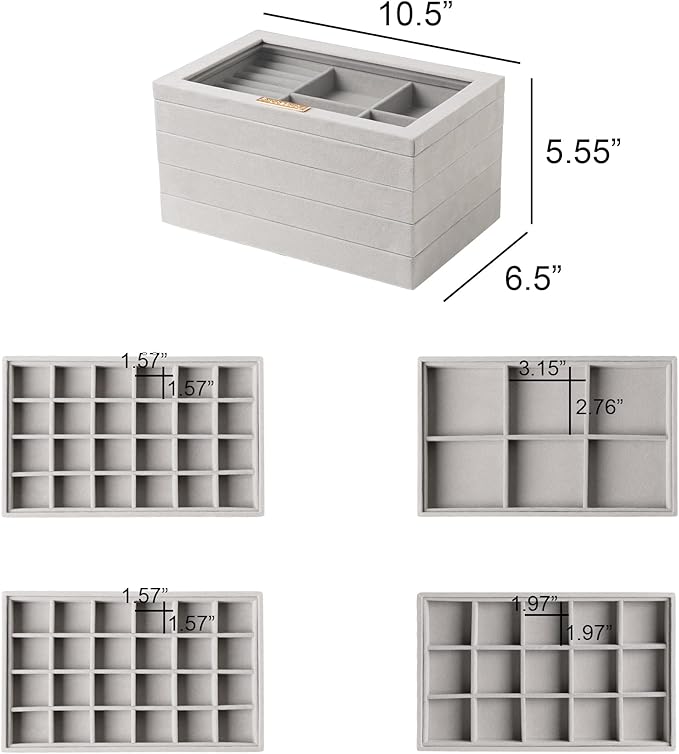 Frebeauty Stackable Jewelry Trays with Lid,Velvet Earring Organizer Tray,5-in-1 Jewelry Organizer for Drawer Vanity Dresser,Jewelry Storage for Studs Bracelets,10.5 x 6.5 x 5.55 Inches,Gift for Women