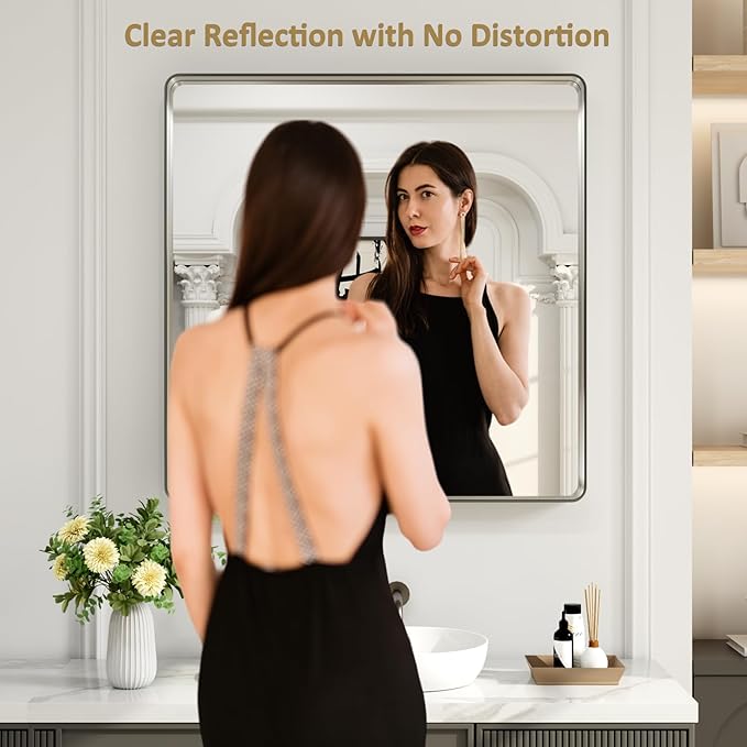LOAAO 30X30 Inch Brushed Nickel Bathroom Mirror, Rounded Rectangle Silver Metal Frame Mirror, Brushed Nickel, Anti-Rust, Shatter Proof, Hangs Horizontally or Vertically