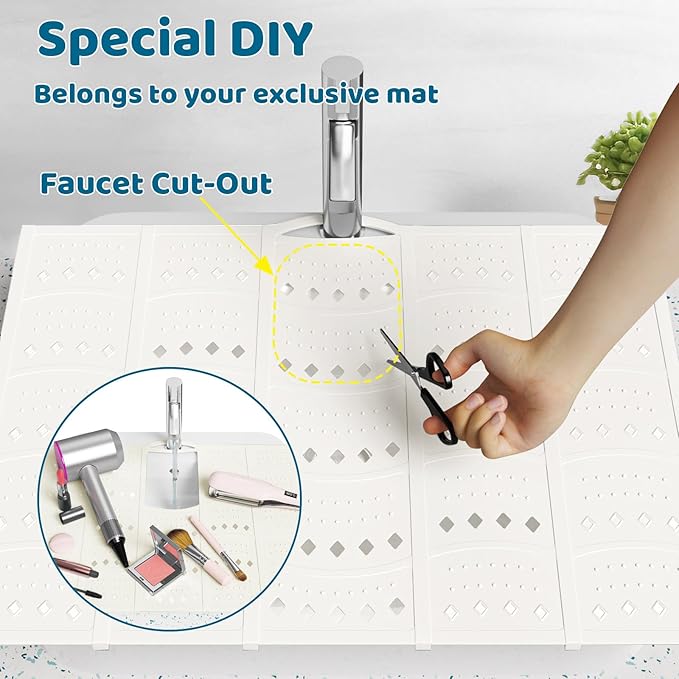 Bathroom Sink Cover for Counter Space, Foldable Silicone Sink Mat Makeup Organizer Mat Space Saver, Women’s Gifts for Christmas RV Camper Travel Must Haves Accessories, Pearl