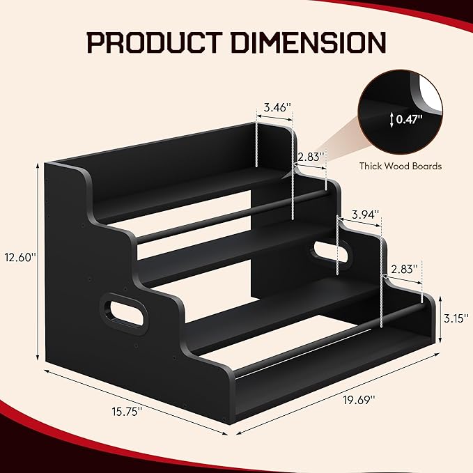 19.6”W x 15.74" D x 12.5" H Inches Versatile 4-Step Coffee Syrup & Water Bottle Organizer Rack Multi-Functional Retro Display Shelf for Kitchen or Bar, Holds Liquor & Spirits, Black