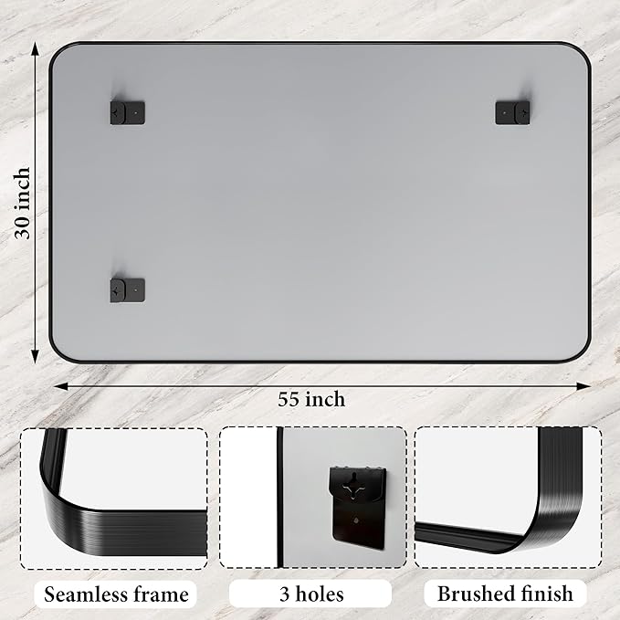 Black Metal Vanity Rounded Rectangle Bathroom Mirrors for Over Sink Wall, 55x30 Inch Large Matte Mirror, Anti-Rust, Modern Decorative for Restroom, Farmhouse