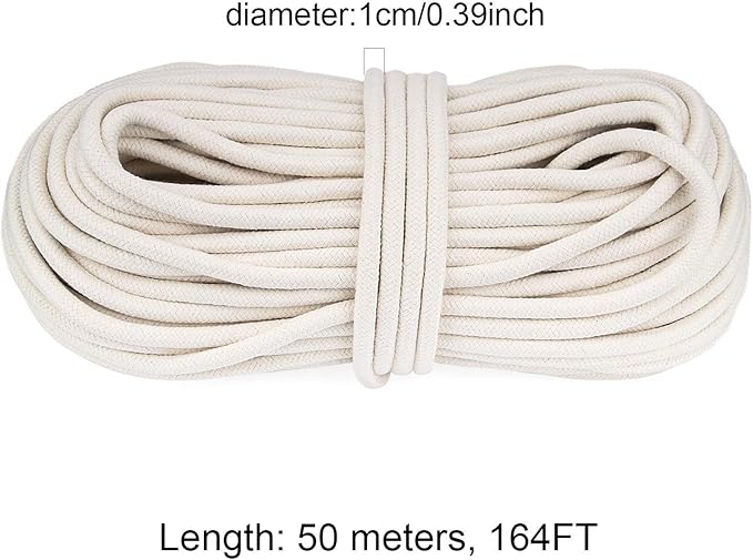 HOZEON 3/8 Inch x 164 Feet Natural Cotton Rope, White Heavy Duty Clothesline Cord Craft Knitting Thread String Wall Hanging Rope for Plant Mirror Garden DIY Decoration Hanger