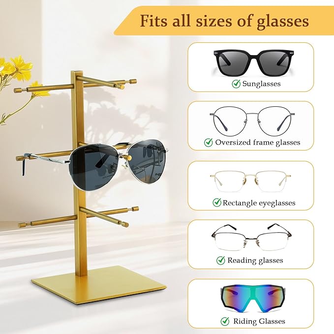 3-Tier Sunglass Display Stand,Sunglasses Organizer，Titanium Brushed Eyeglass Holder Stand，Gold Sunglasses Rack for homes, offices, boutique shops（PATENT PENDING
